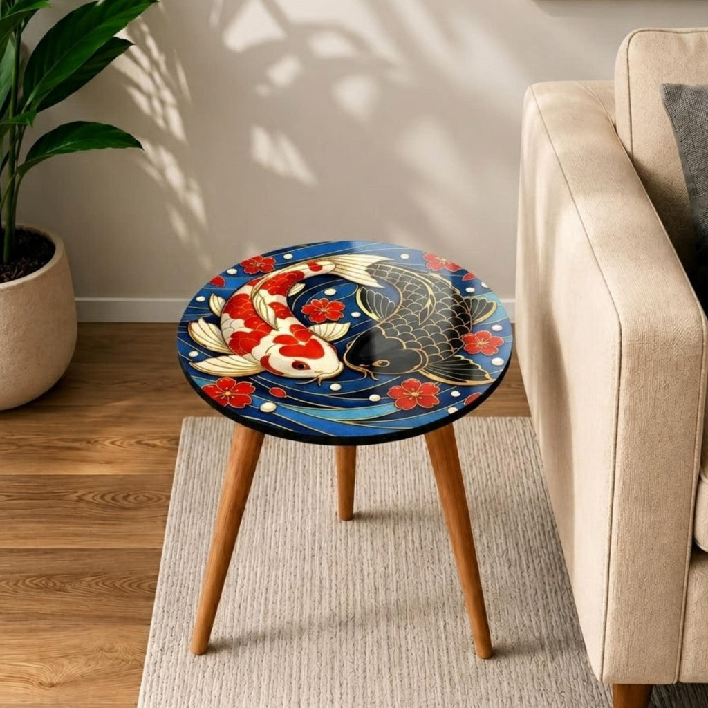 Koi Fish Side Table | Printed Mango Wood End Table | Japanese Floral Accent Table | Handmade Living Room Decor | Unique Gift