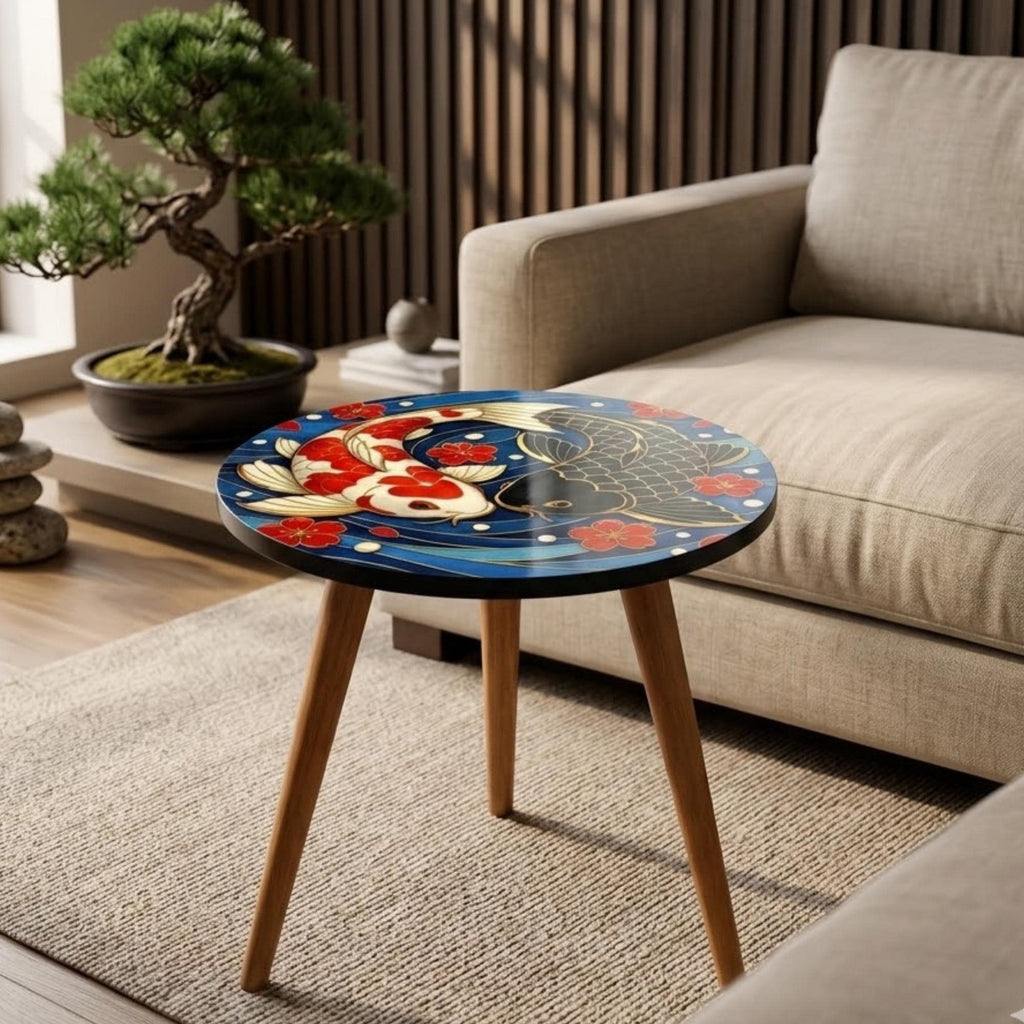 Koi Fish Side Table | Printed Mango Wood End Table | Japanese Floral Accent Table | Handmade Living Room Decor | Unique Gift