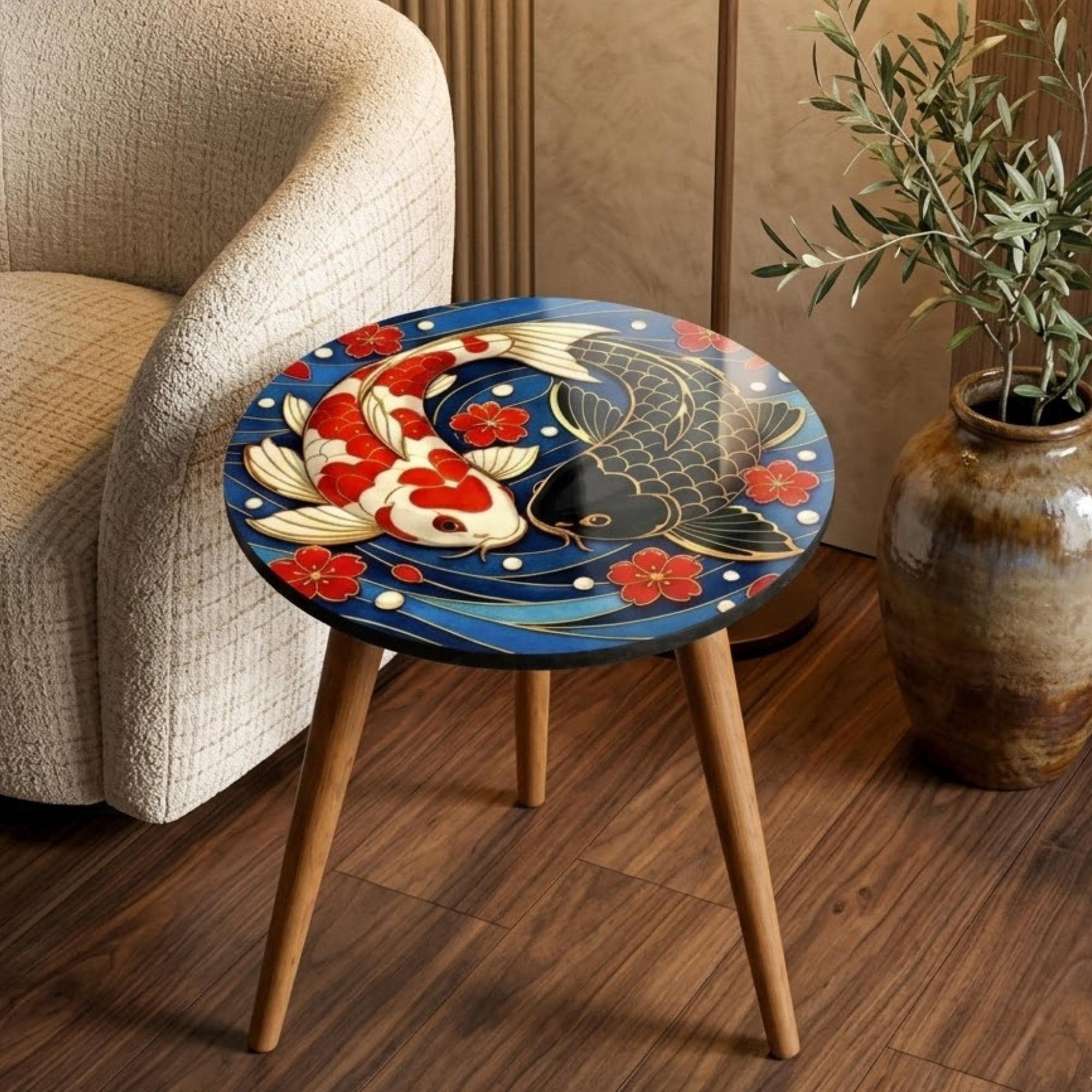 Koi Fish Side Table | Printed Mango Wood End Table | Japanese Floral Accent Table | Handmade Living Room Decor | Unique Gift