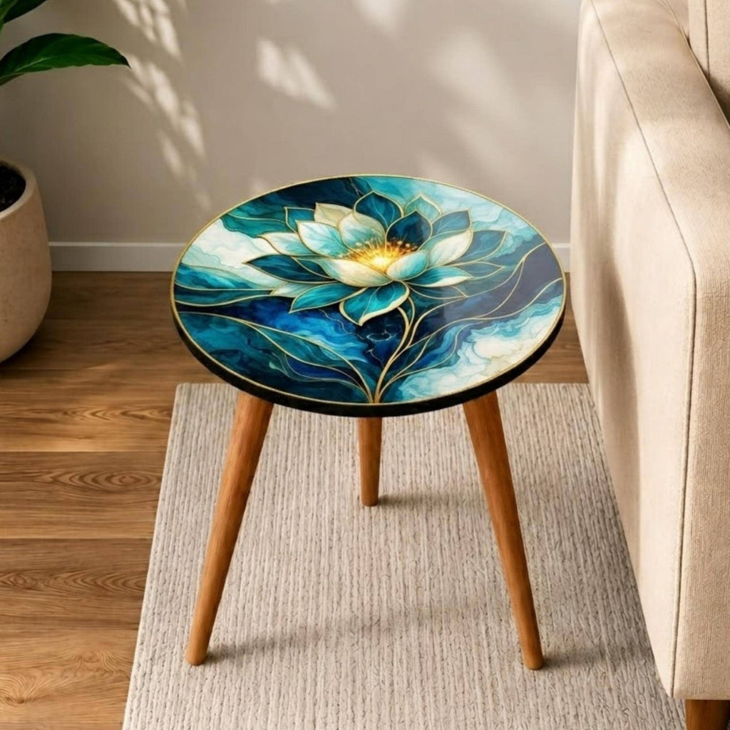 Blue Lotus Side Table | Printed Floral End Table | Handmade Accent Table | Botanical Living Room Decor | Unique Home Gift