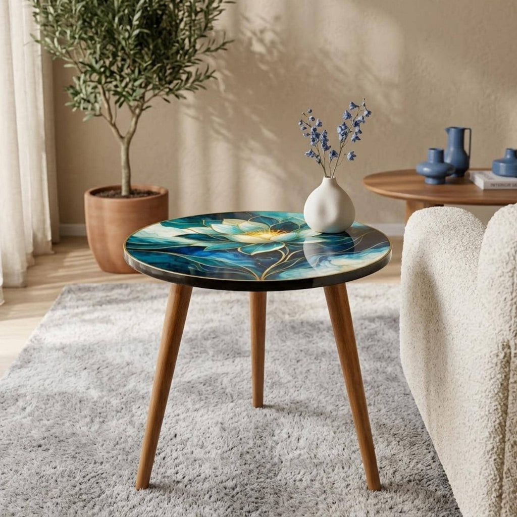 Blue Lotus Side Table | Printed Floral End Table | Handmade Accent Table | Botanical Living Room Decor | Unique Home Gift