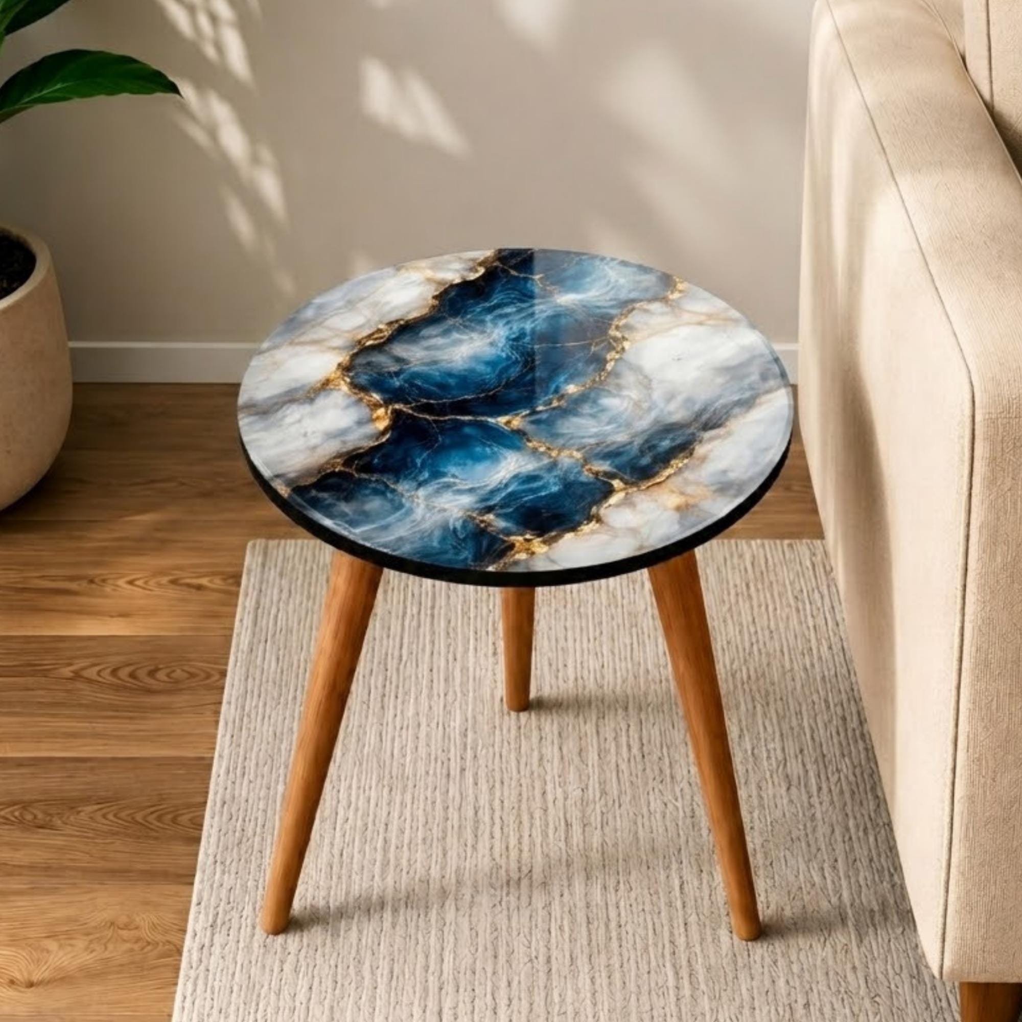 Round Side Table Blue Marble Accent Table, Handmade Luxury End Table with Mango Wood Legs, Modern Living Room Decor Gift