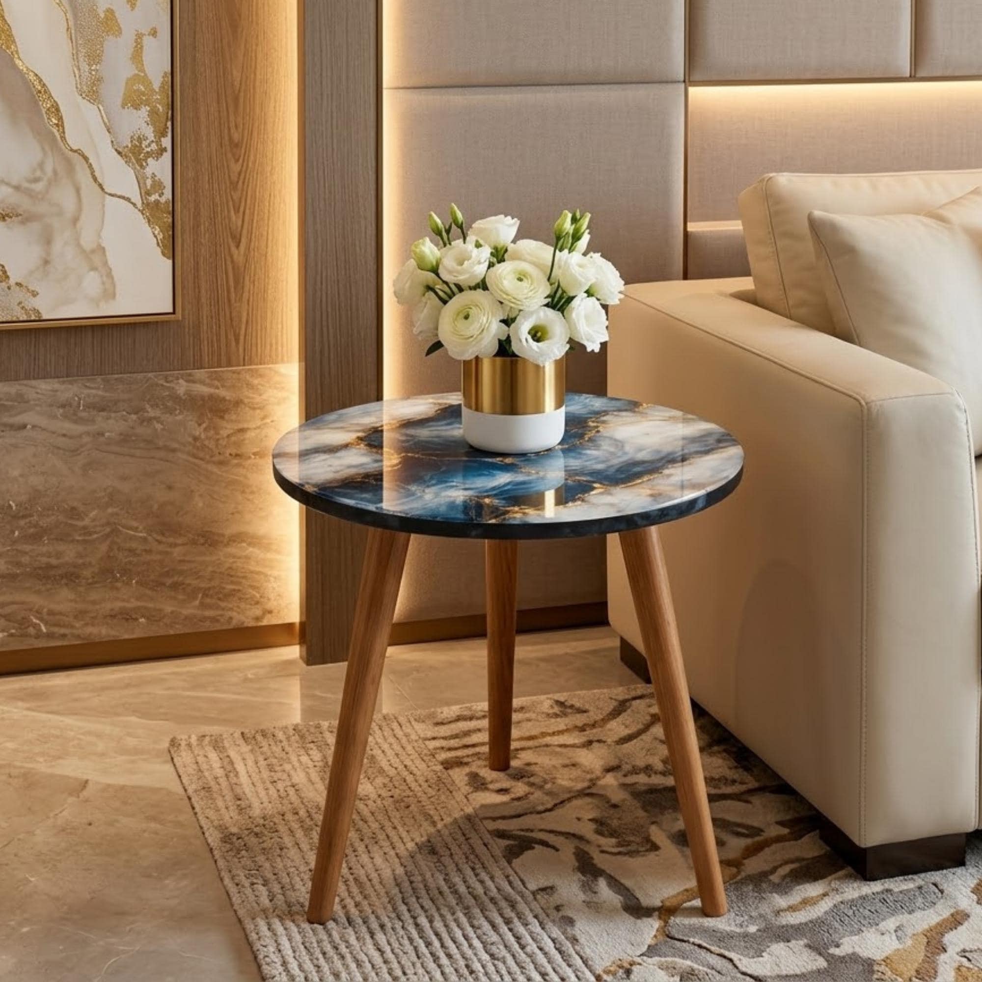 Round Side Table Blue Marble Accent Table, Handmade Luxury End Table with Mango Wood Legs, Modern Living Room Decor Gift