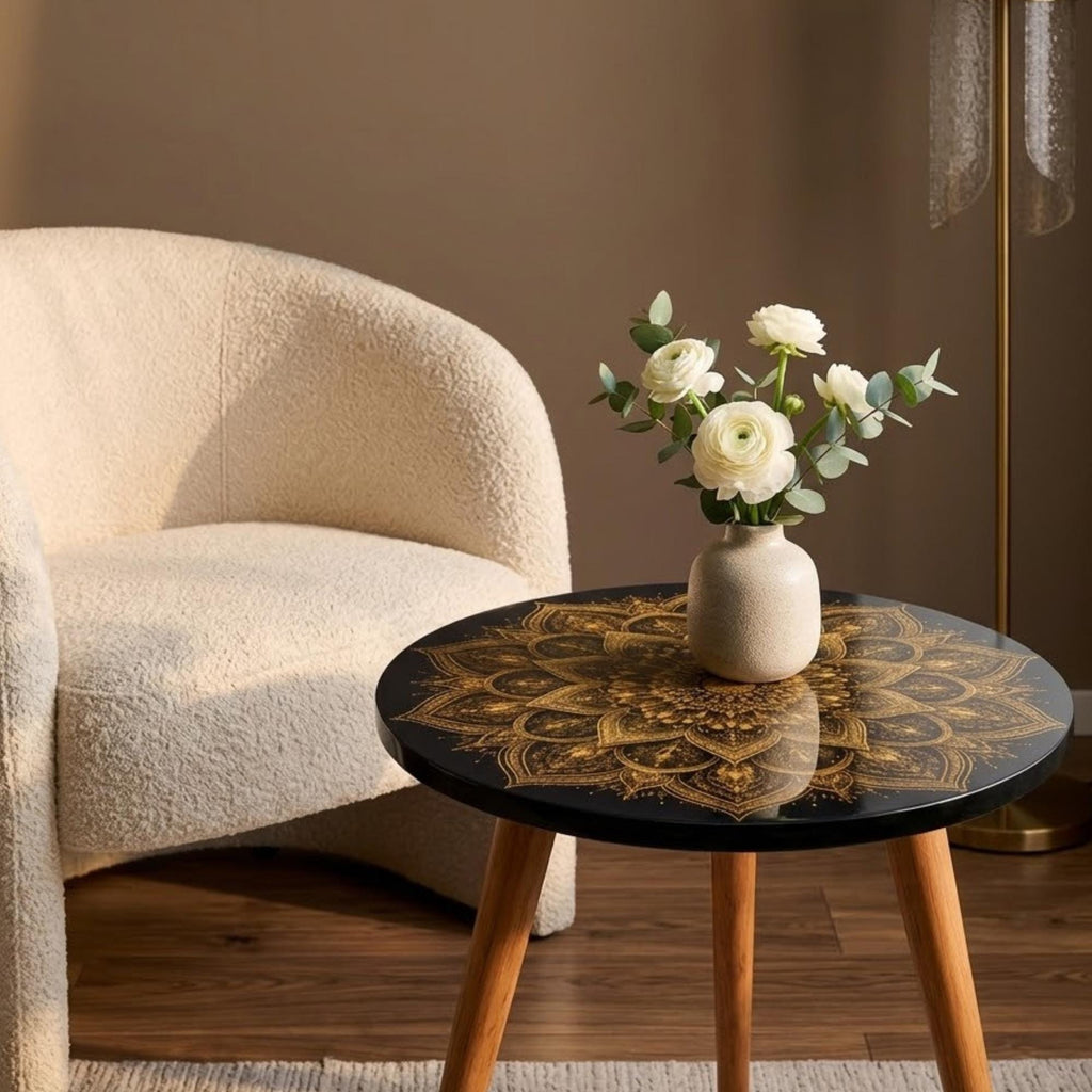 Round Side Table Gold Mandala Accent Table, Handmade Indian Furniture, Gloss Lacquer Top, Solid Wood Legs, Boho Home Decor Gift