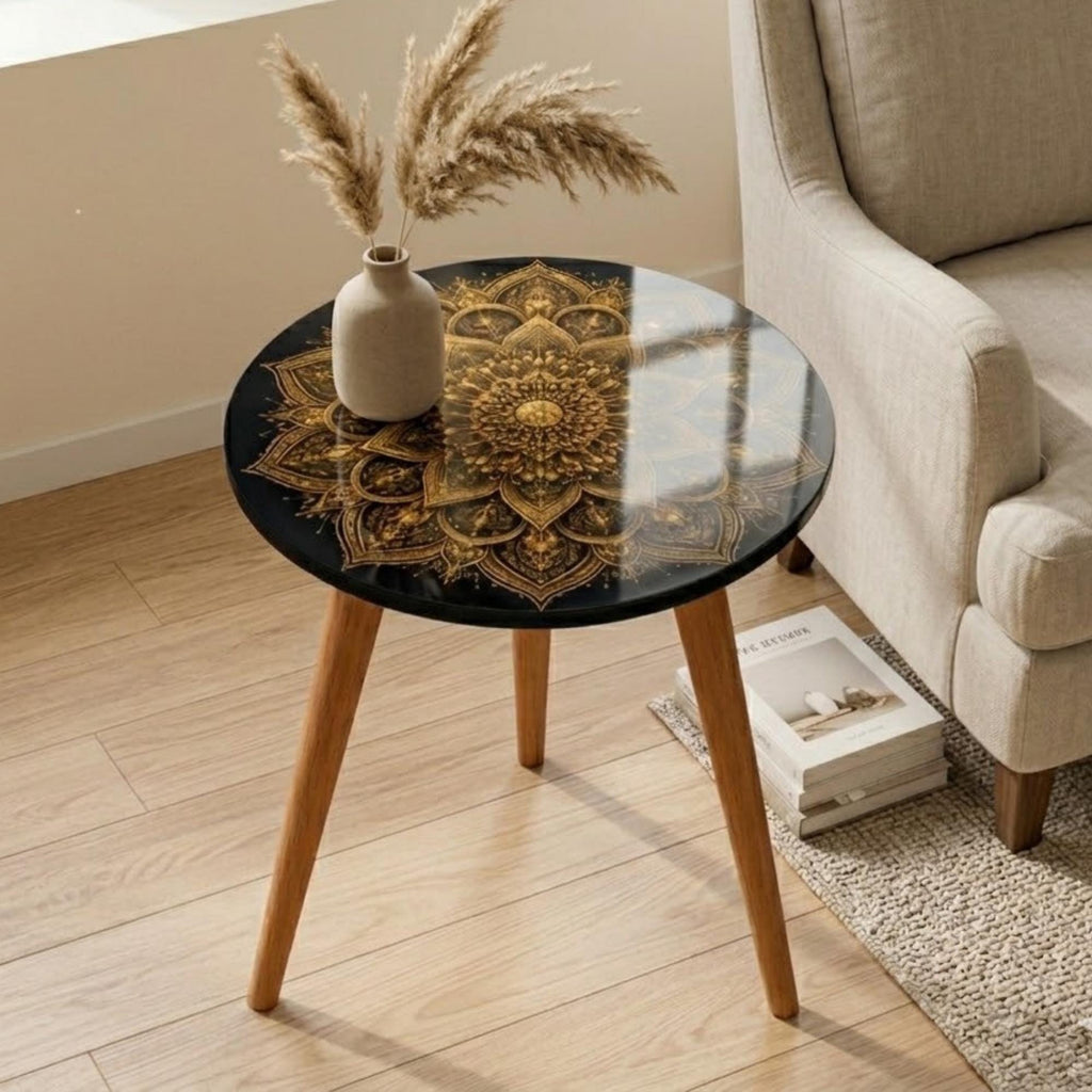 Round Side Table Gold Mandala Accent Table, Handmade Indian Furniture, Gloss Lacquer Top, Solid Wood Legs, Boho Home Decor Gift