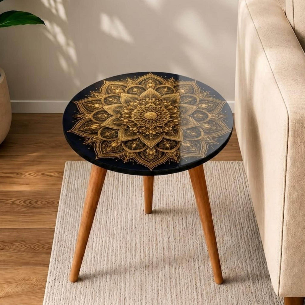 Round Side Table Gold Mandala Accent Table, Handmade Indian Furniture, Gloss Lacquer Top, Solid Wood Legs, Boho Home Decor Gift