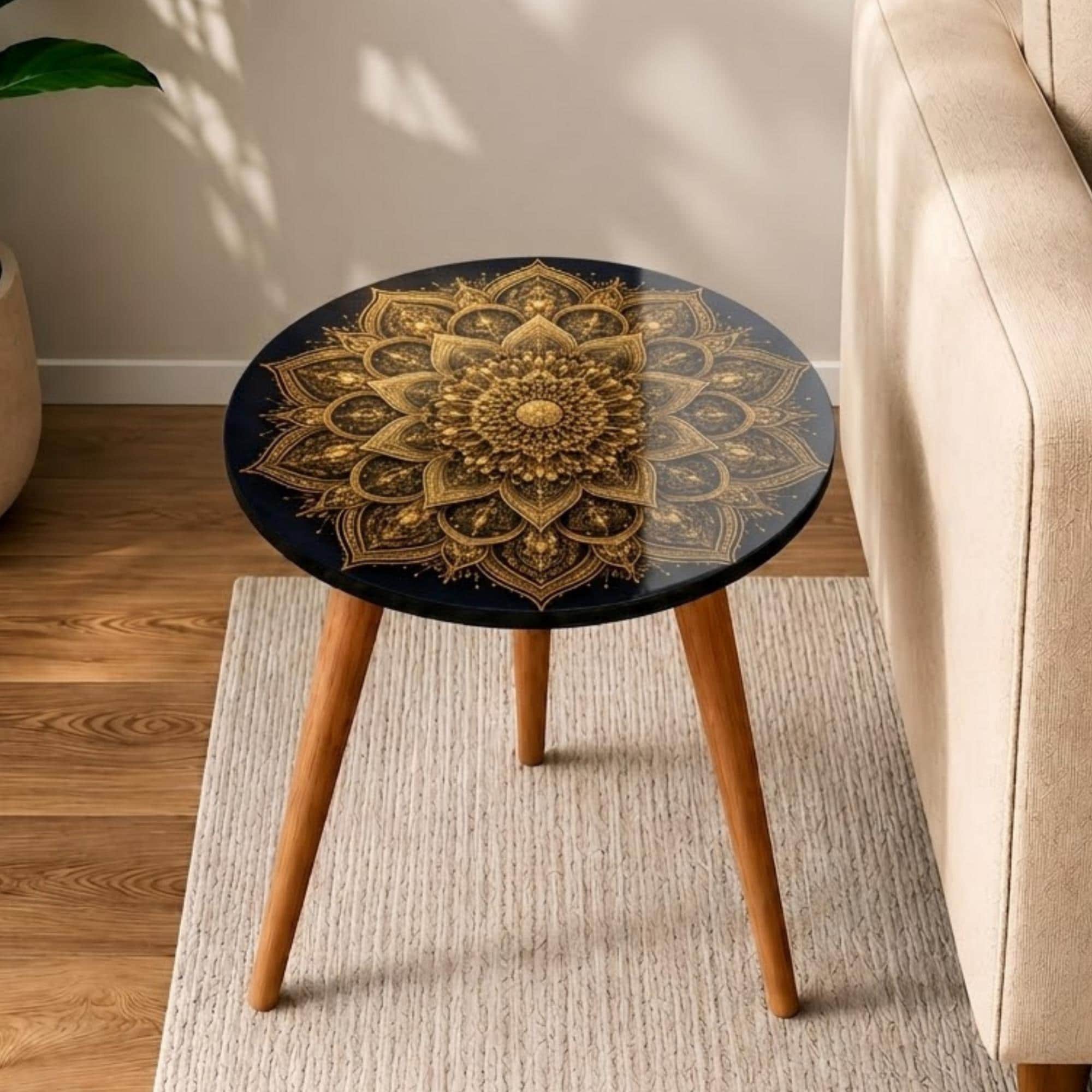 Round Side Table Gold Mandala Accent Table, Handmade Indian Furniture, Gloss Lacquer Top, Solid Wood Legs, Boho Home Decor Gift