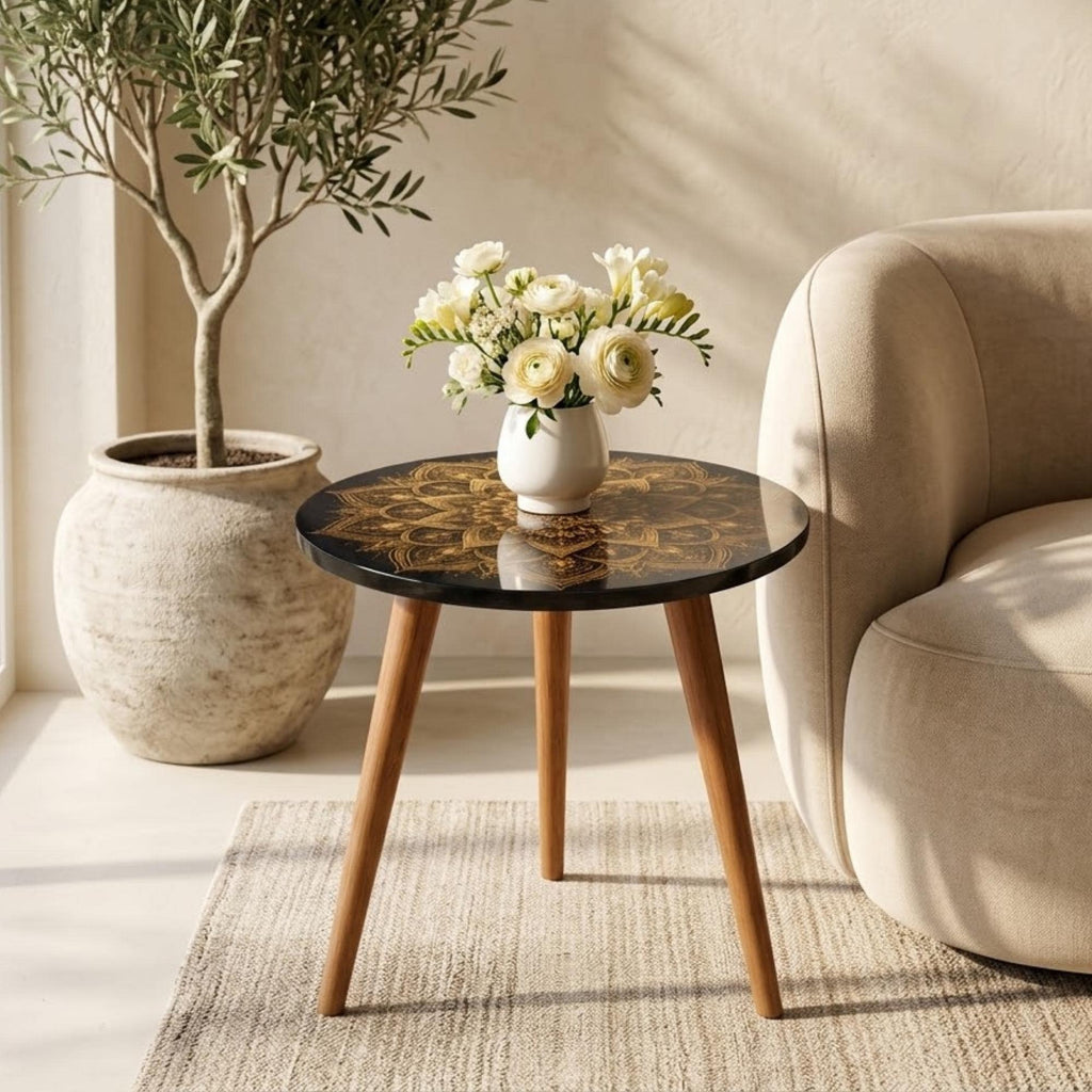 Round Side Table Gold Mandala Accent Table, Handmade Indian Furniture, Gloss Lacquer Top, Solid Wood Legs, Boho Home Decor Gift
