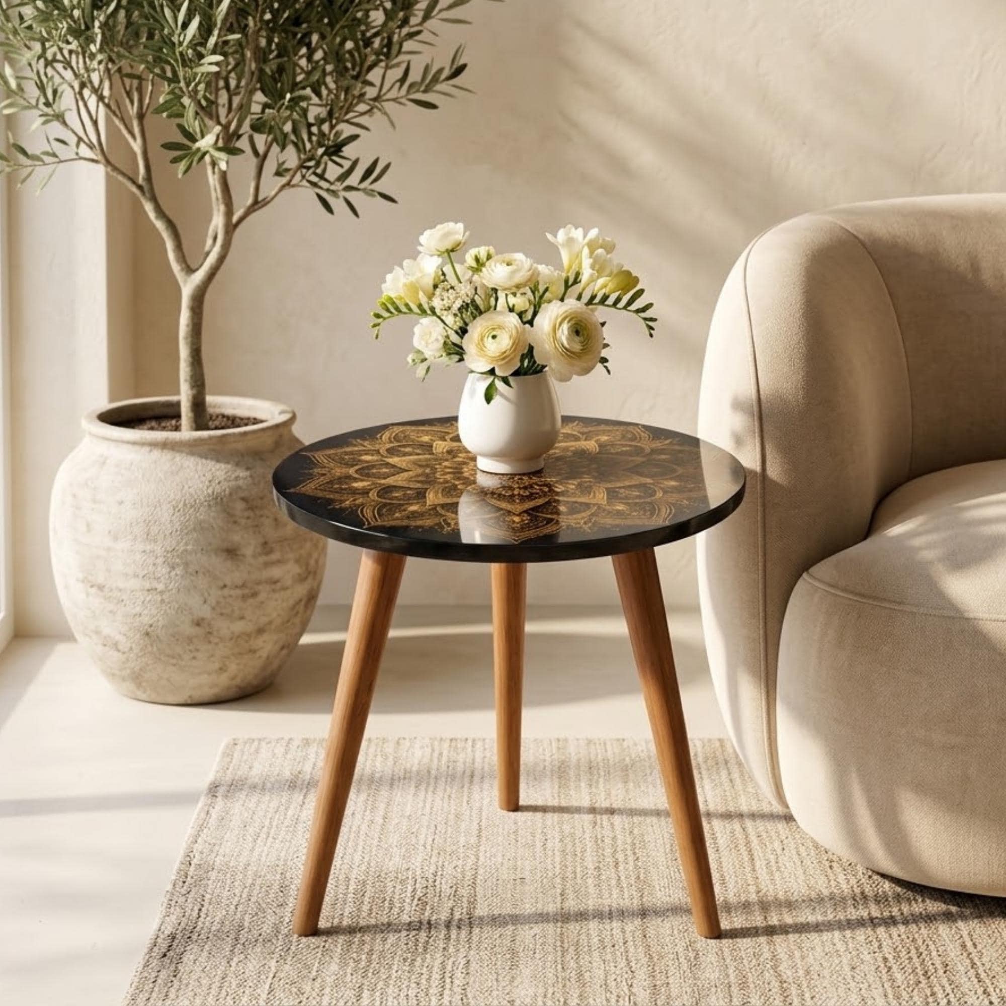 Round Side Table Gold Mandala Accent Table, Handmade Indian Furniture, Gloss Lacquer Top, Solid Wood Legs, Boho Home Decor Gift