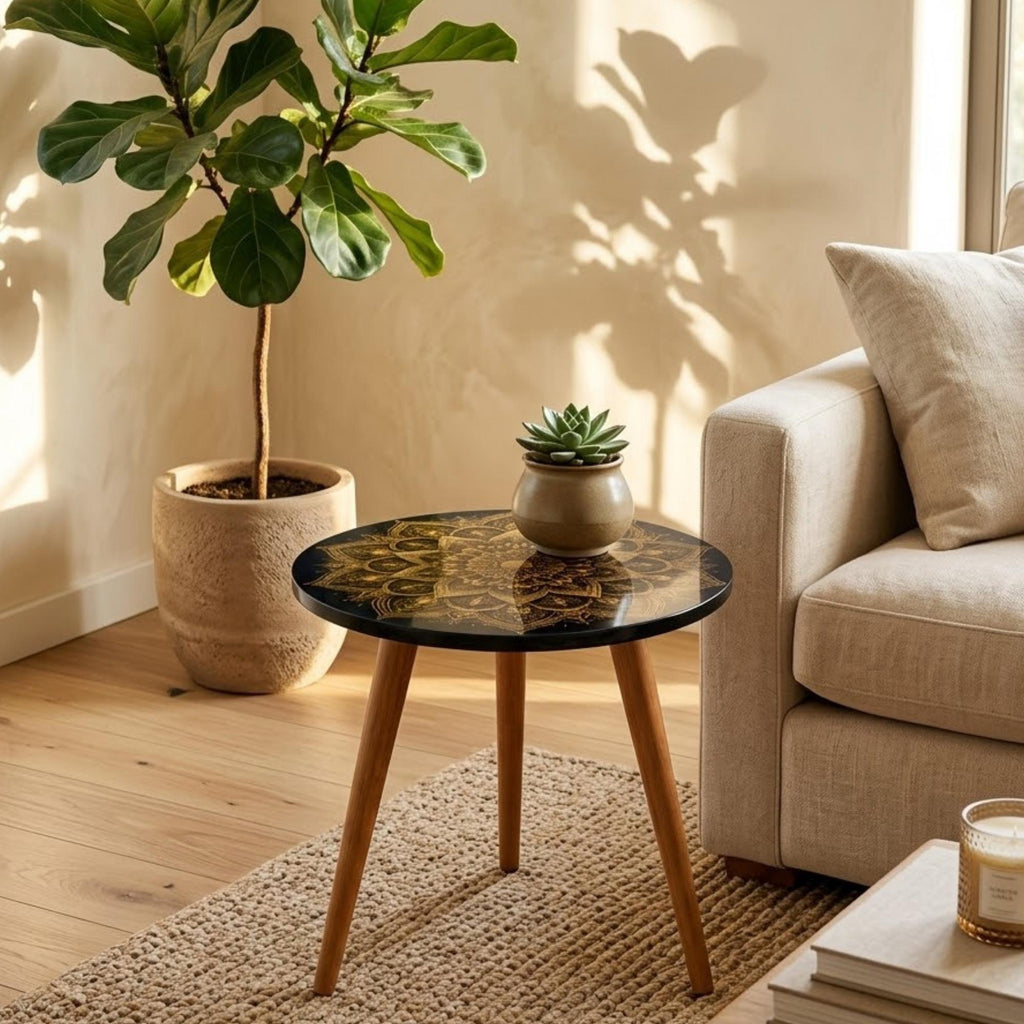Round Side Table Gold Mandala Accent Table, Handmade Indian Furniture, Gloss Lacquer Top, Solid Wood Legs, Boho Home Decor Gift