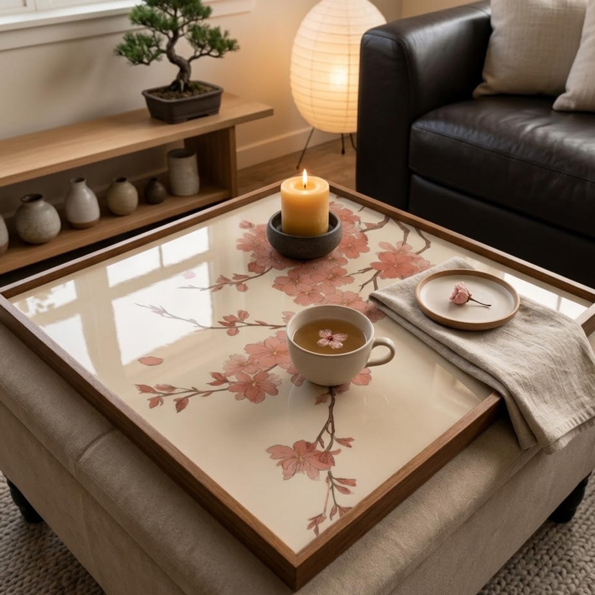 Square Serving Tray, Cherry Blossom Tray, Japandi Ottoman Tray, Coffee Table Tray, Handmade Resin Wood Decor