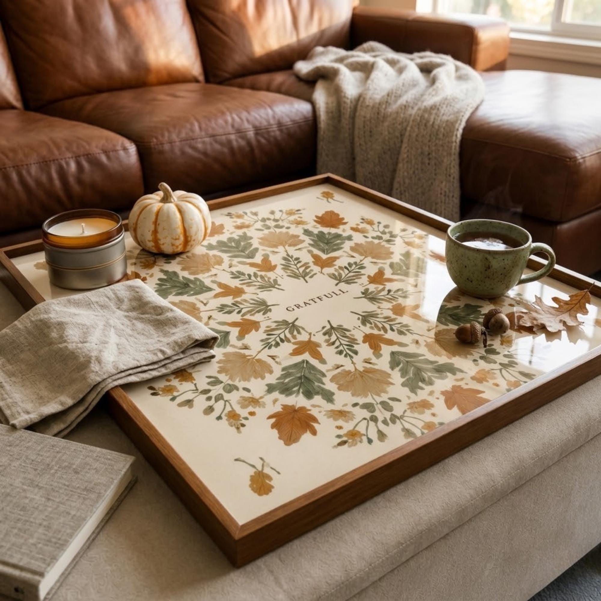 Square Serving Tray, Fall Leaves Tray, Autumn Ottoman Tray, Coffee Table Tray, Handmade Resin Wood Decor
