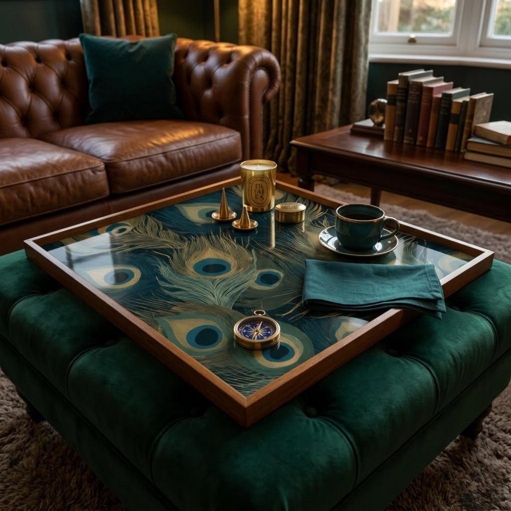 Square Serving Tray, Peacock Feather Tray, Ottoman Coffee Table Tray, Handmade Resin Wood Decor, Teal Home Decor