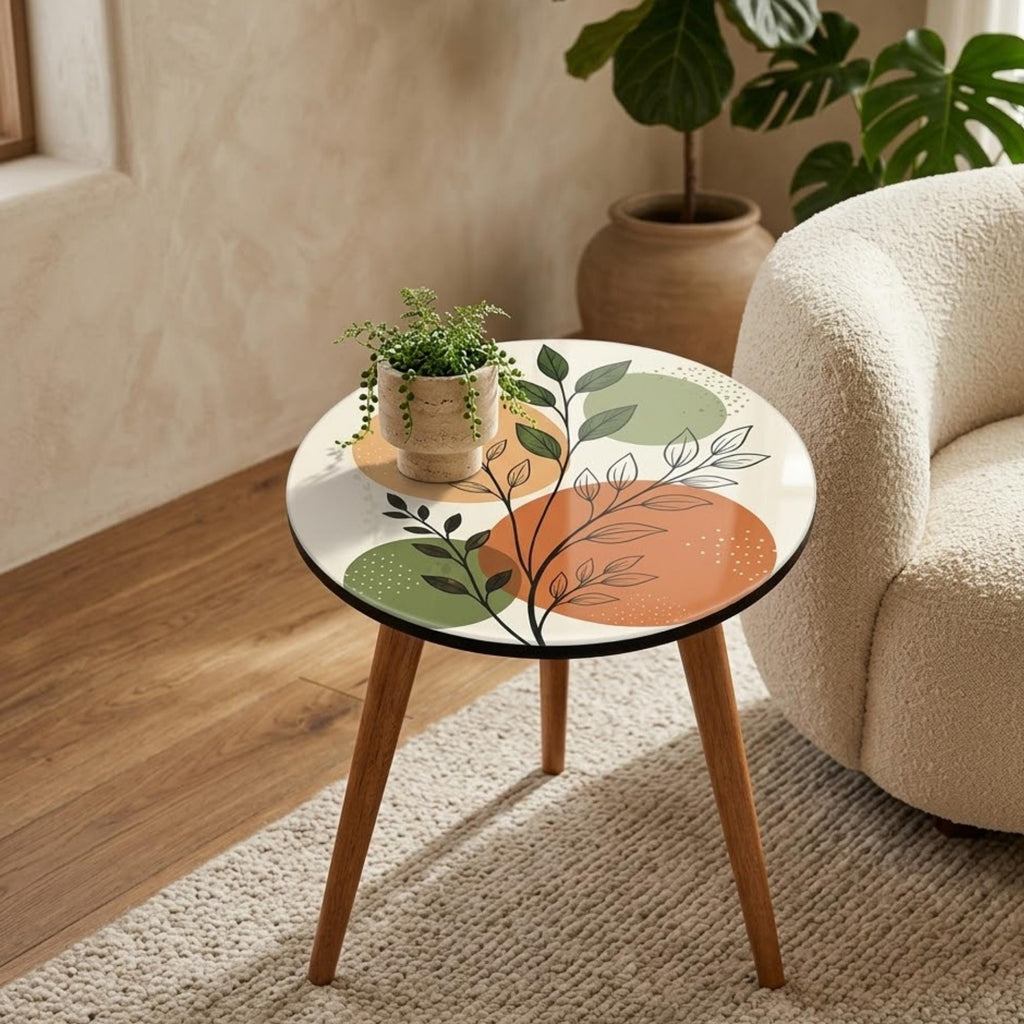 Round Side Table Handmade Accent Table, Botanical Print MDF Top, Mango Wood Legs, Japandi Living Room Decor, Housewarming Gift