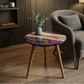 Round Side Table Floral Printed Accent Table, Glossy MDF Top, Mango Wood Legs, Custom Handmade in India, Living Room Decor