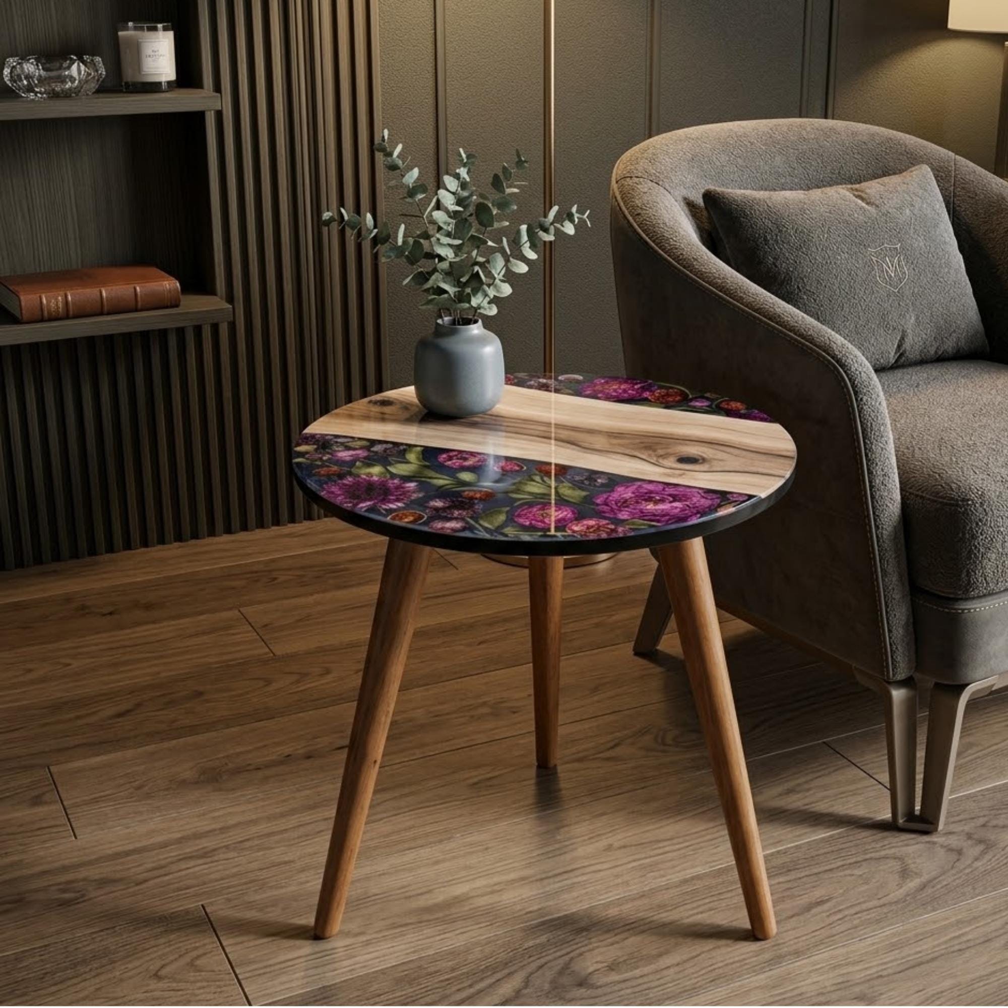 Round Side Table Floral Printed Accent Table, Glossy MDF Top, Mango Wood Legs, Custom Handmade in India, Living Room Decor