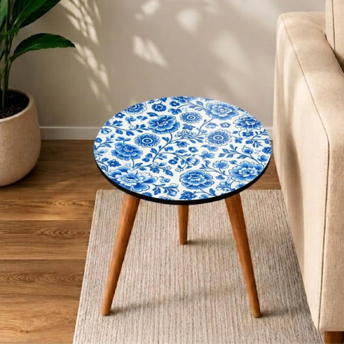 Cottagecore Blue Floral Round Accent Table — Glossy Printed MDF Top, Mango Wood Legs — Handmade Living Room End Table, Housewarming Gift