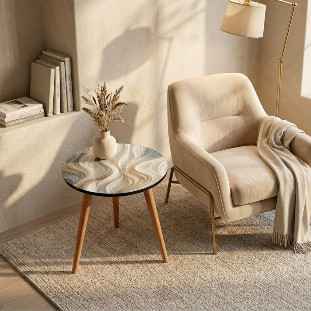 Round Side Table Abstract Wave Accent Table Neutral Beige Decor Printed MDF Top Glossy Lacquer Finish Solid Mango Wood Modern Organic Home