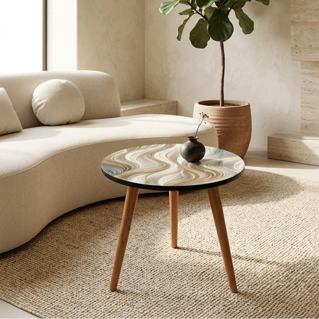 Round Side Table Abstract Wave Accent Table Neutral Beige Decor Printed MDF Top Glossy Lacquer Finish Solid Mango Wood Modern Organic Home