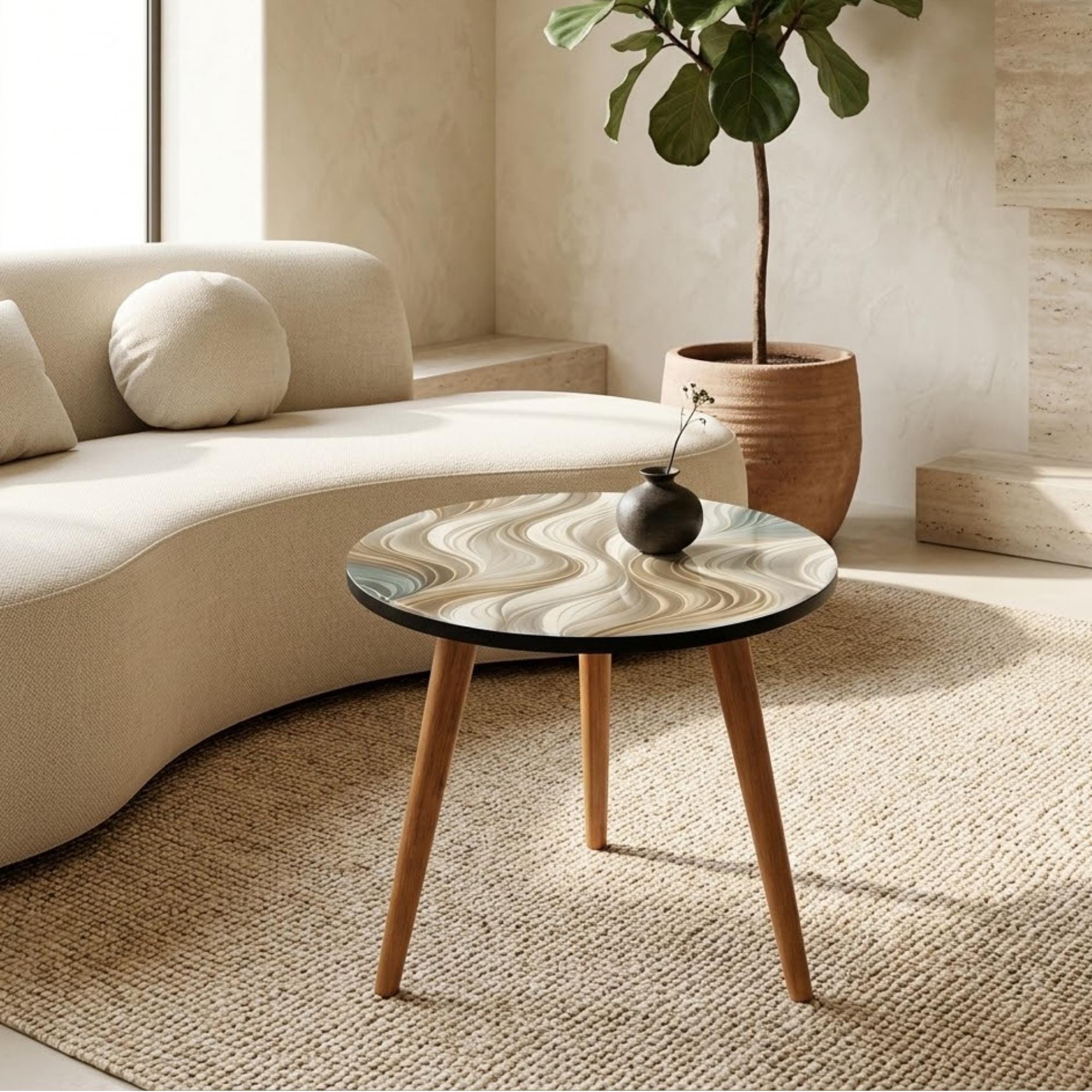 Round Side Table Abstract Wave Accent Table Neutral Beige Decor Printed MDF Top Glossy Lacquer Finish Solid Mango Wood Modern Organic Home