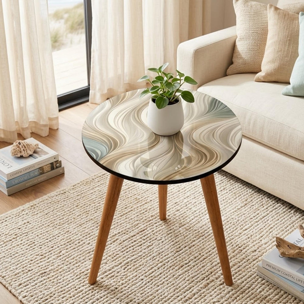 Round Side Table Abstract Wave Accent Table Neutral Beige Decor Printed MDF Top Glossy Lacquer Finish Solid Mango Wood Modern Organic Home