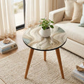 Round Side Table Abstract Wave Accent Table Neutral Beige Decor Printed MDF Top Glossy Lacquer Finish Solid Mango Wood Modern Organic Home