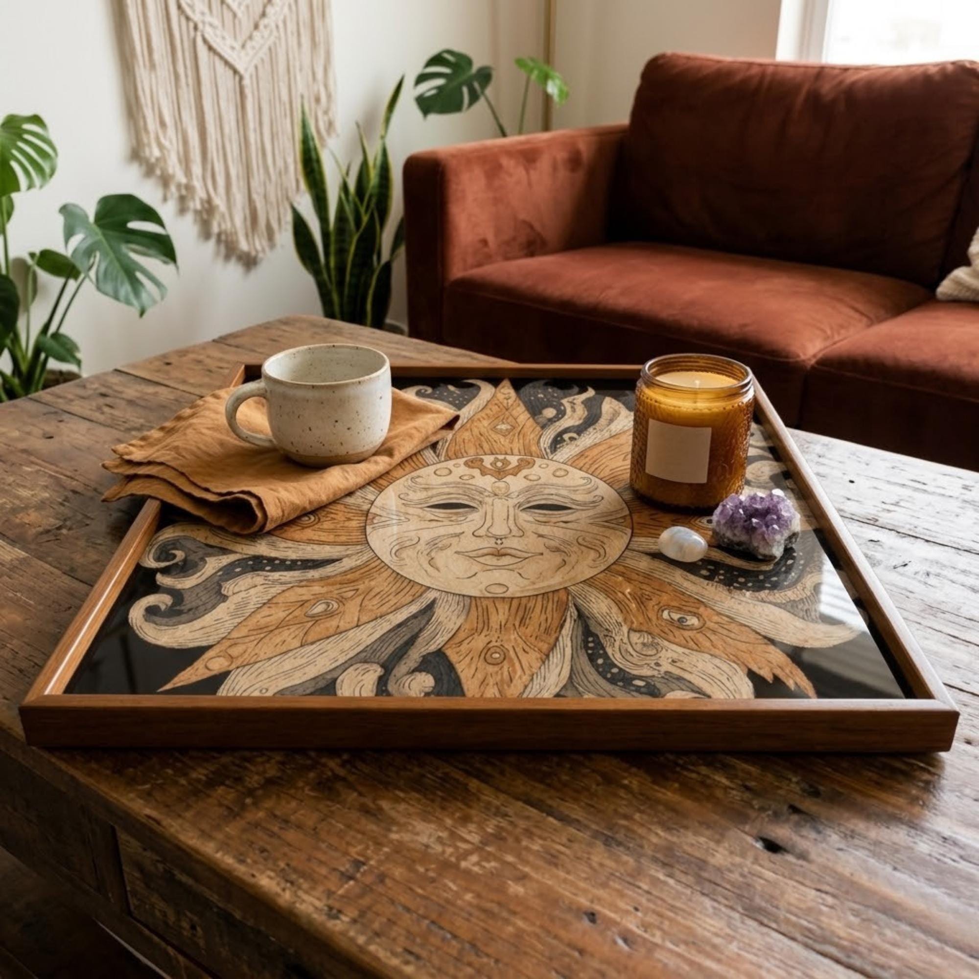 Square Serving Tray, Boho Sun Tray, Celestial Ottoman Tray, Coffee Table Tray, Handmade Resin Wood Decor