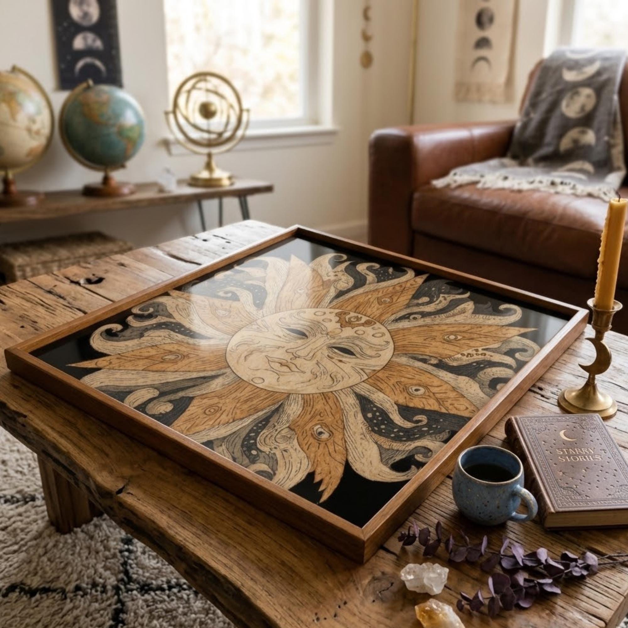 Square Serving Tray, Boho Sun Tray, Celestial Ottoman Tray, Coffee Table Tray, Handmade Resin Wood Decor