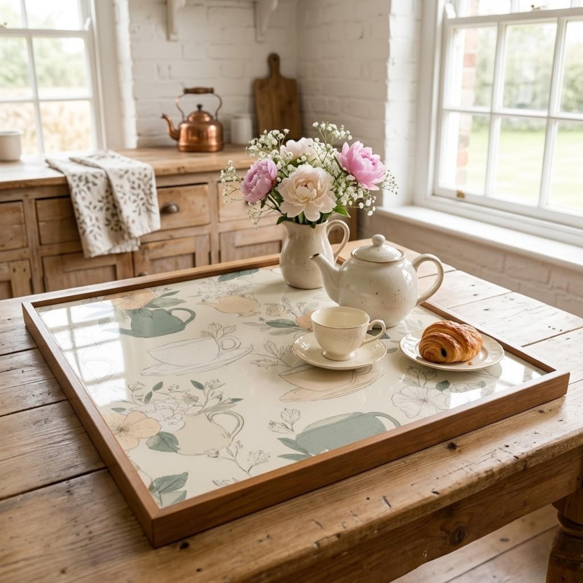 Square Serving Tray, Farmhouse Floral Tray, Ottoman Coffee Table Tray, Handmade Resin Wood Tray, Cottagecore Home Decor