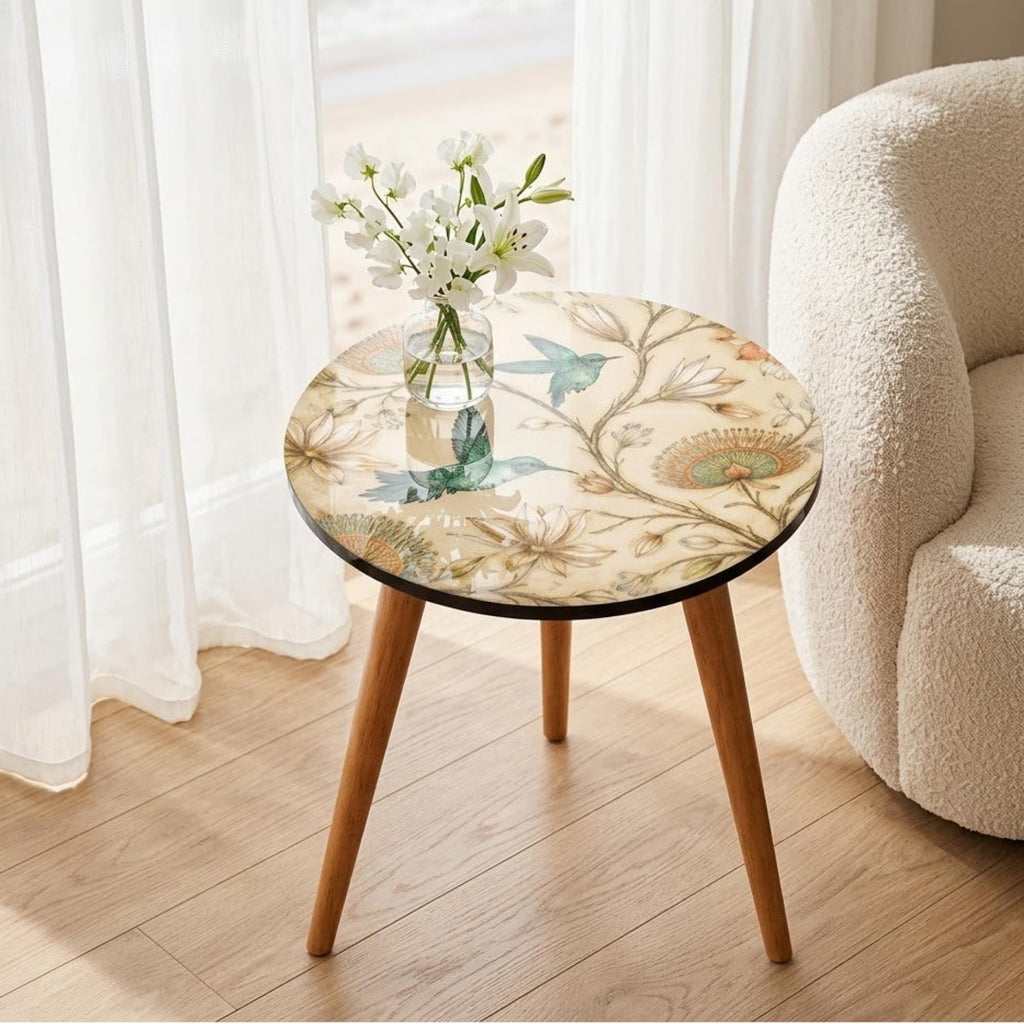 Handmade Mango Wood Side Table |Round Side Table Coastal Accent Table, Hummingbird Floral Botanical Accent Table