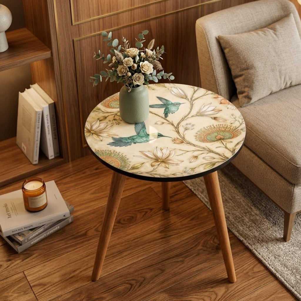 Handmade Mango Wood Side Table |Round Side Table Coastal Accent Table, Hummingbird Floral Botanical Accent Table