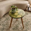 Round Side Table Floral Printed MDF Accent Table, Mango Wood Legs, Gloss Lacquer Finish, Boho Living Room Decor, Handmade in India for Home!