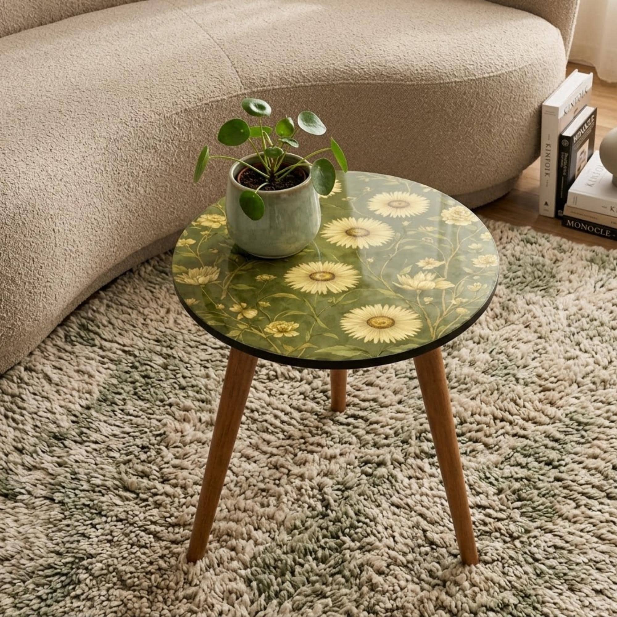 Round Side Table Floral Printed MDF Accent Table, Mango Wood Legs, Gloss Lacquer Finish, Boho Living Room Decor, Handmade in India for Home!