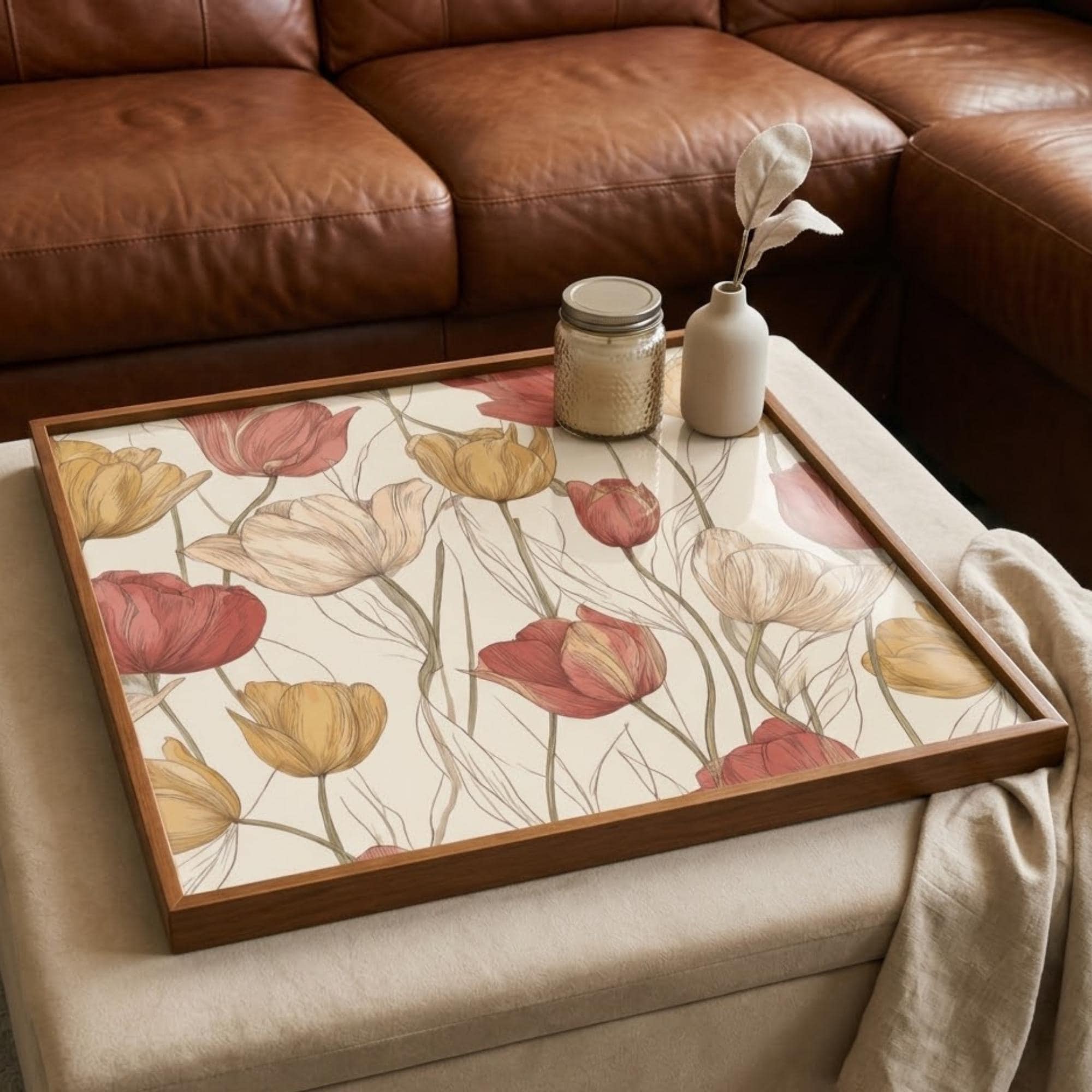 Square Serving Tray, Tulip Floral Tray, Ottoman Coffee Table Tray, Handmade Resin Wood Tray, Spring Home Decor