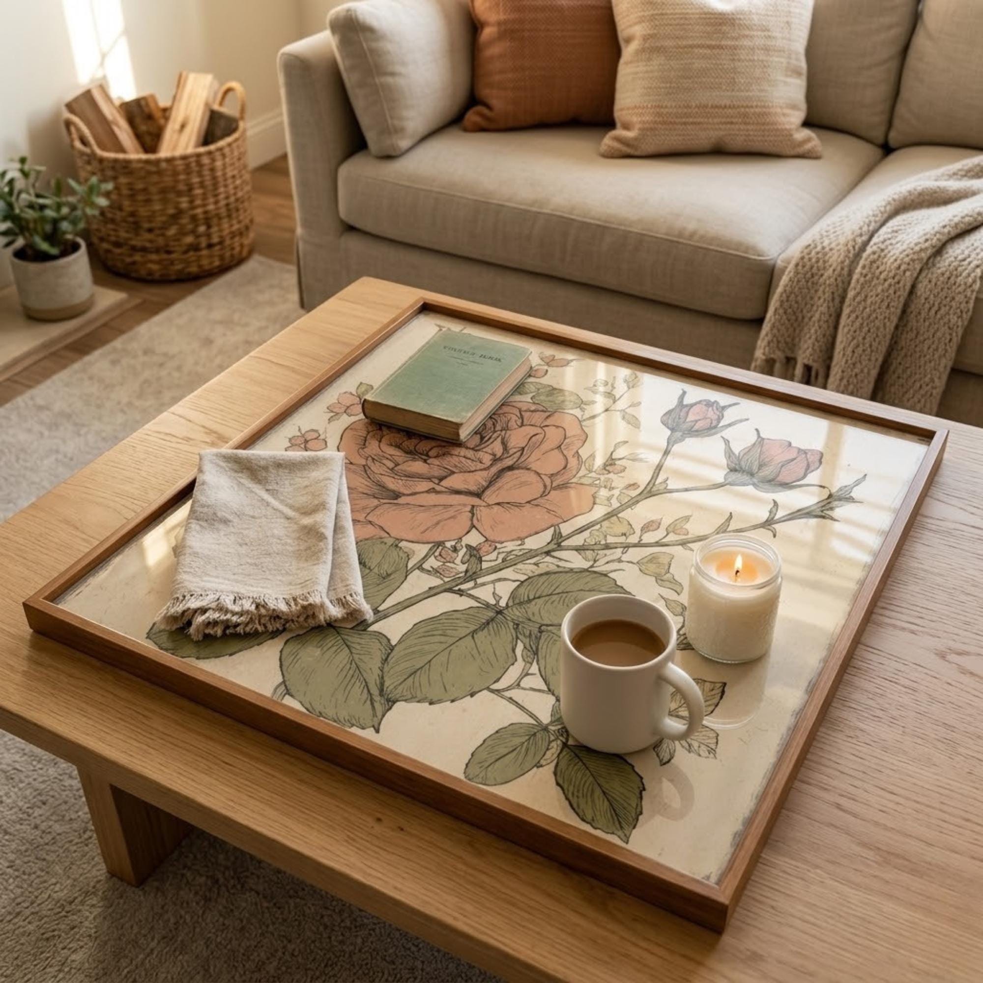 Square Serving Tray, Vintage Rose Tray, Ottoman Coffee Table Tray, Handmade Resin Wood Tray, Botanical Home Decor