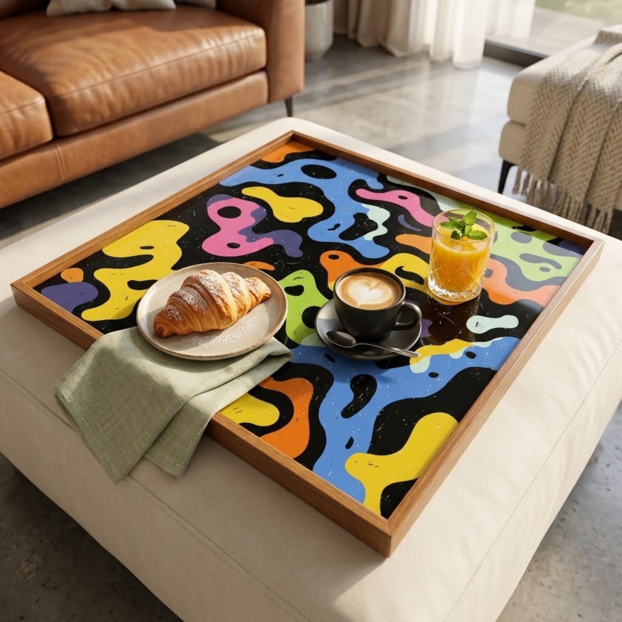 Square Serving Tray, Colorful Abstract Tray, Ottoman Coffee Table Tray, Handmade Resin Wood Tray, Modern Pop Art Decor