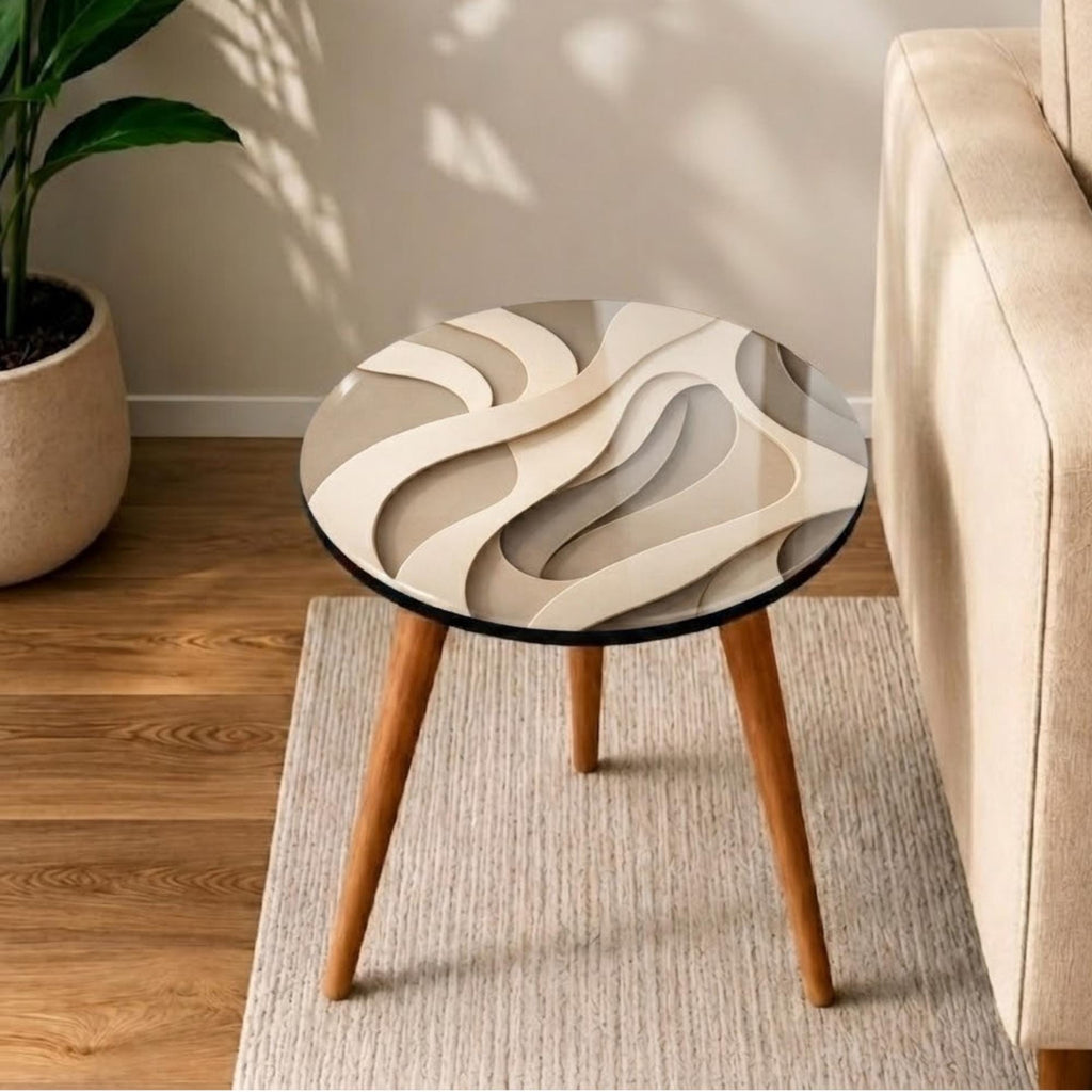 Printed Round Side Table, Abstract Wave Accent Table, Printed MDF Top with Gloss Lacquer, Solid Mango Wood Legs, Handmade India, Living Room