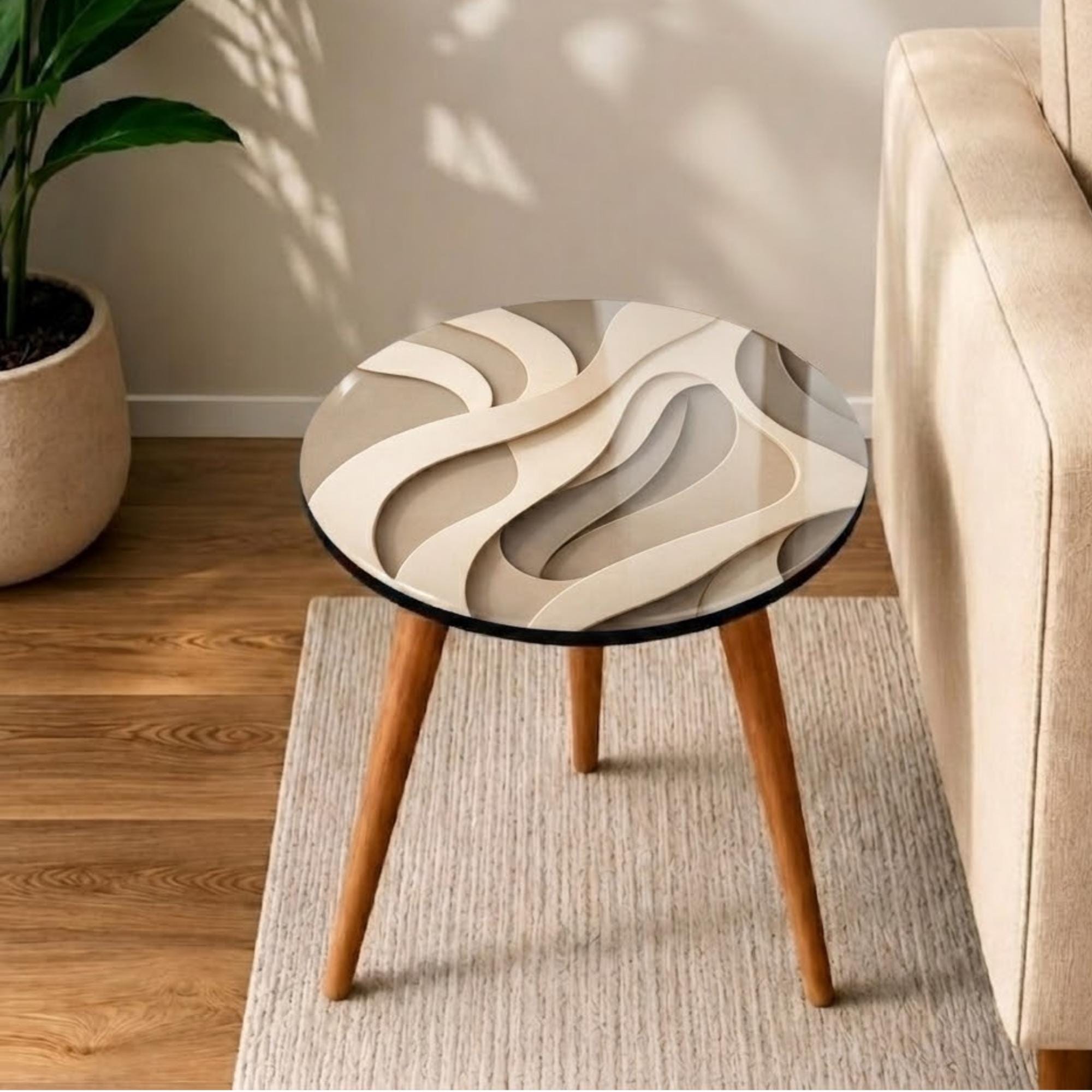 Printed Round Side Table, Abstract Wave Accent Table, Printed MDF Top with Gloss Lacquer, Solid Mango Wood Legs, Handmade India, Living Room
