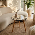Printed Round Side Table, Abstract Wave Accent Table, Printed MDF Top with Gloss Lacquer, Solid Mango Wood Legs, Handmade India, Living Room