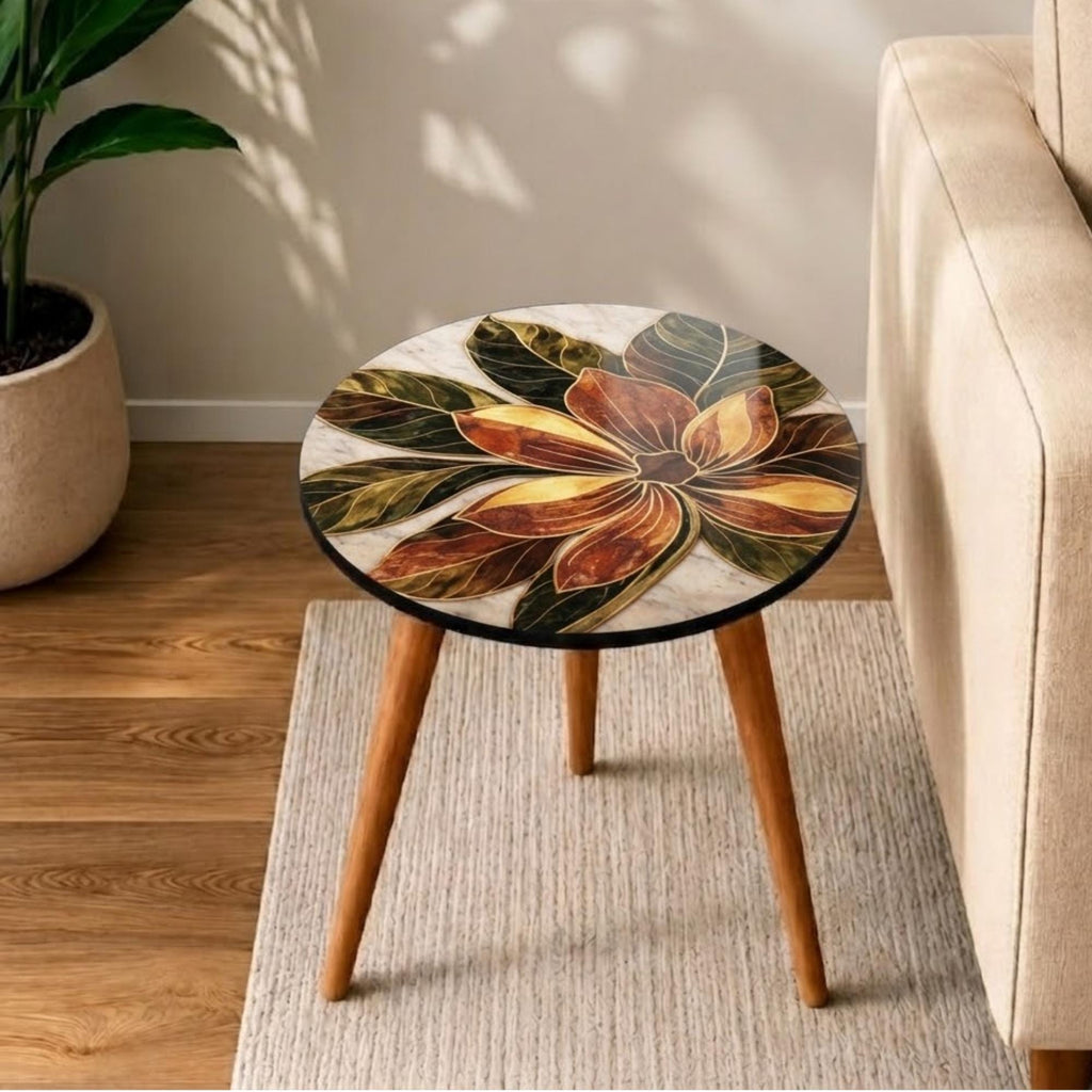 Printed Round Floral Side Table | Floral MDF Accent Table, Mango Wood Legs, Gloss Lacquer Finish, Handmade in India, Home Decor Living Room!