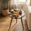 Printed Round Floral Side Table | Floral MDF Accent Table, Mango Wood Legs, Gloss Lacquer Finish, Handmade in India, Home Decor Living Room!