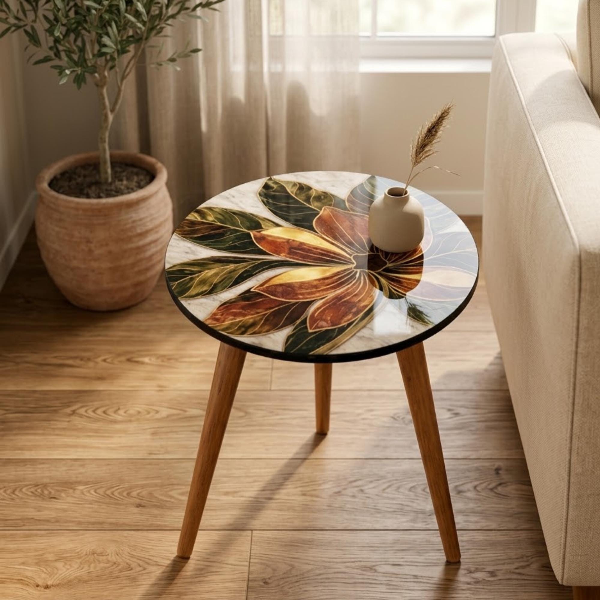 Printed Round Floral Side Table | Floral MDF Accent Table, Mango Wood Legs, Gloss Lacquer Finish, Handmade in India, Home Decor Living Room!