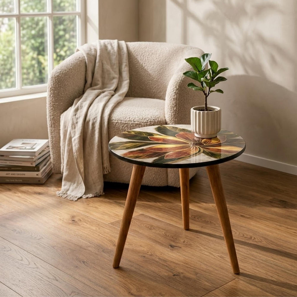 Printed Round Floral Side Table | Floral MDF Accent Table, Mango Wood Legs, Gloss Lacquer Finish, Handmade in India, Home Decor Living Room!