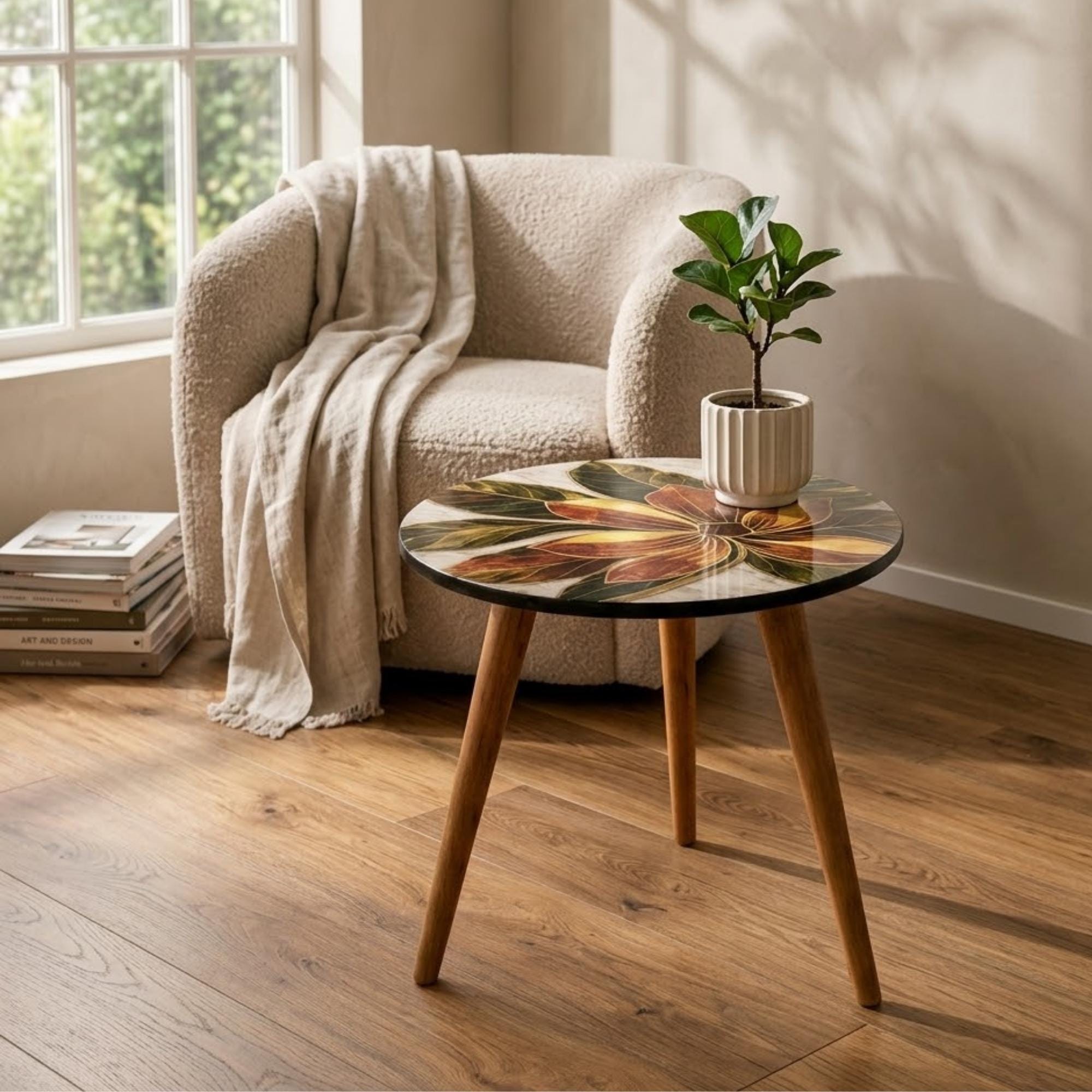 Printed Round Floral Side Table | Floral MDF Accent Table, Mango Wood Legs, Gloss Lacquer Finish, Handmade in India, Home Decor Living Room!