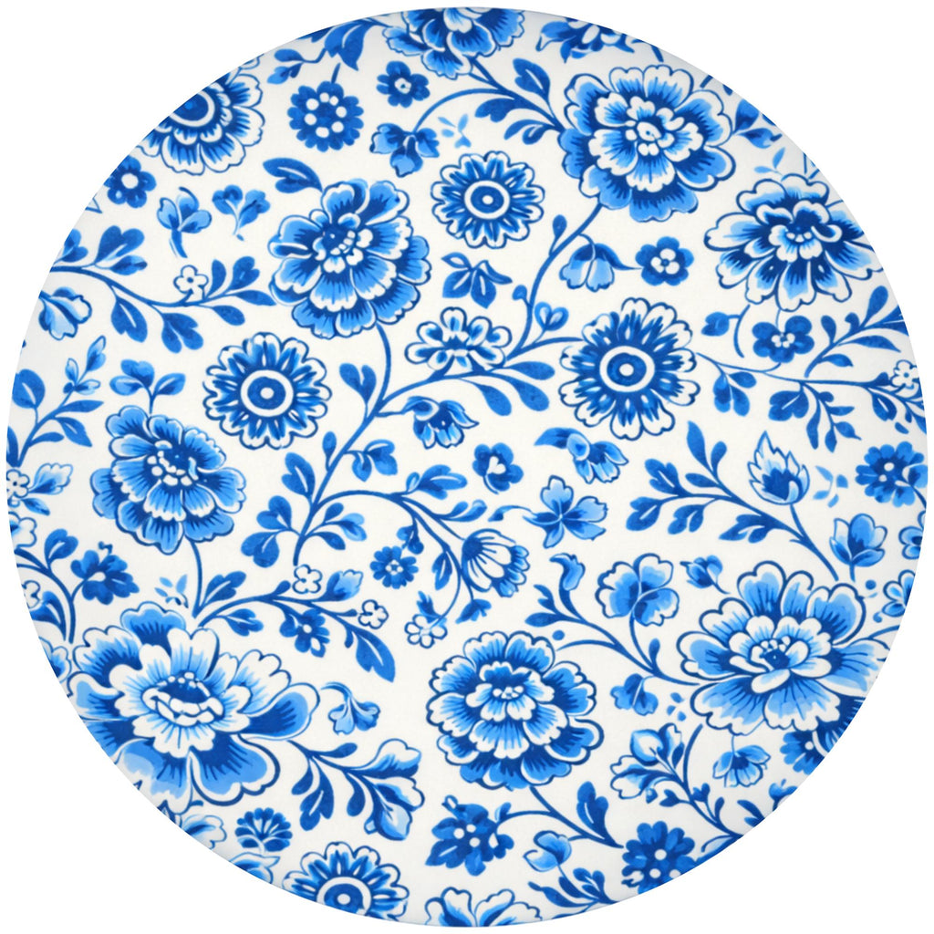 Handmade Mango Wood Side Table | Blue Floral Print Round Accent Table