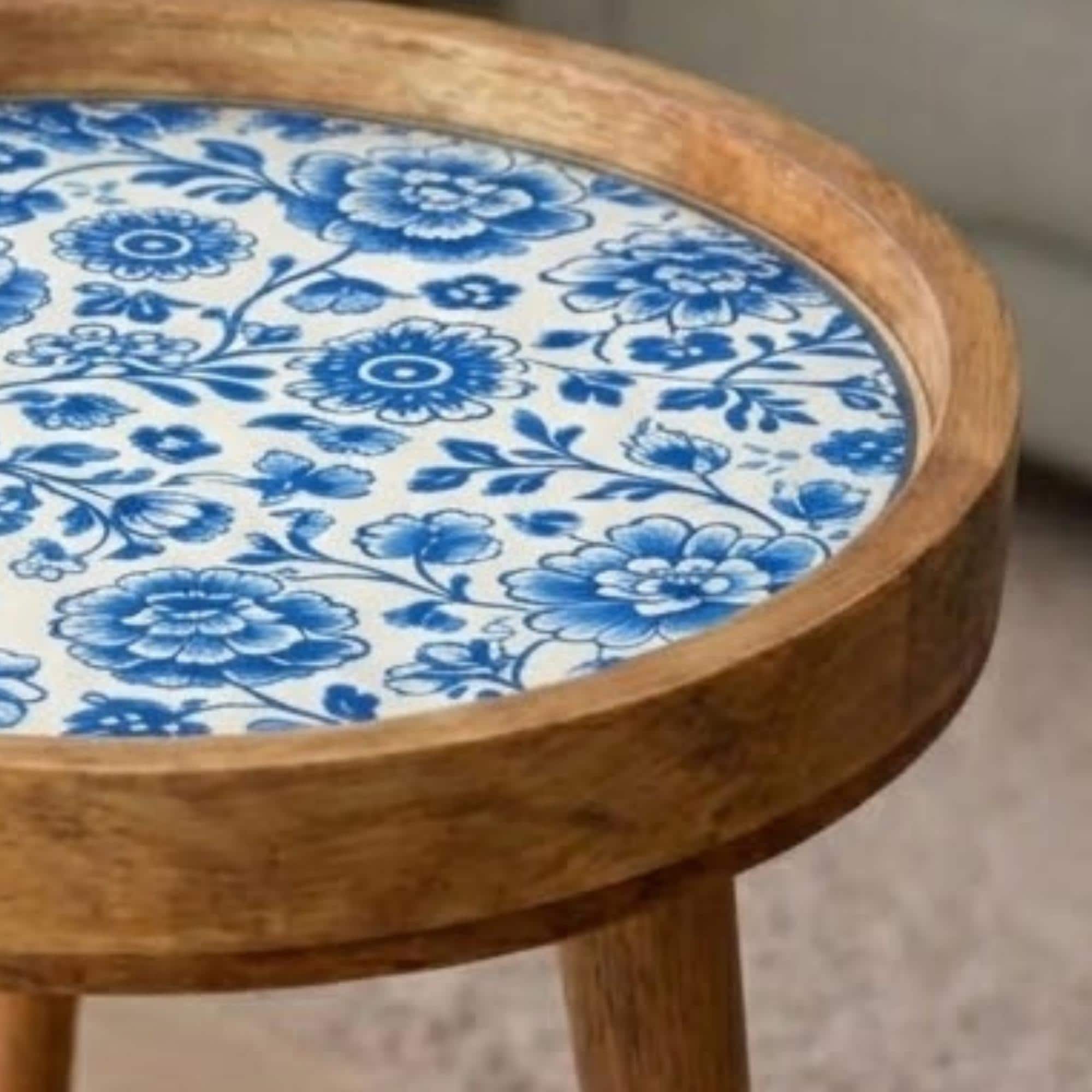 Handmade Mango Wood Side Table | Blue Floral Print Round Accent Table