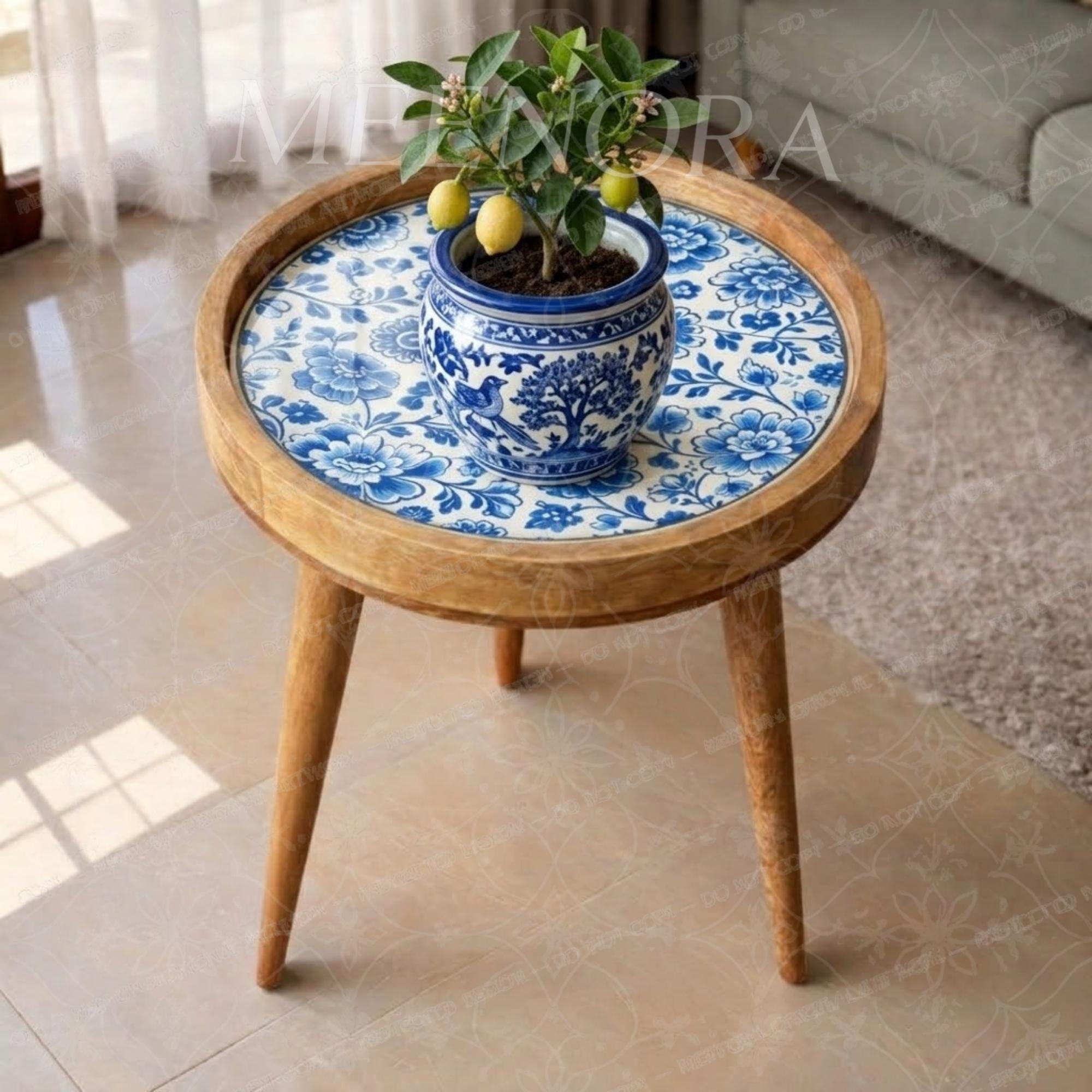 Handmade Mango Wood Side Table | Blue Floral Print Round Accent Table