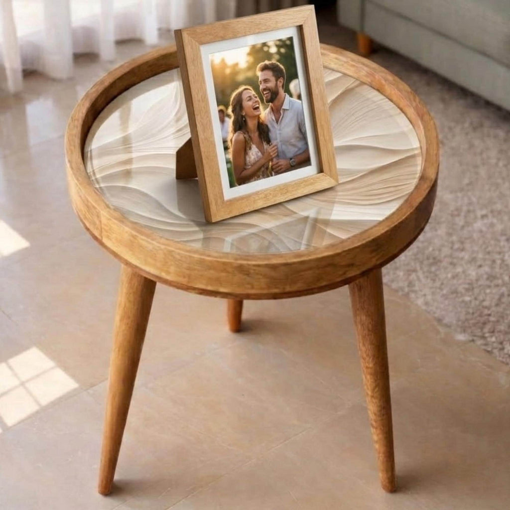 Minimal Abstract Mango Wood End Table | Handmade Round Side Table | Modern Accent Furniture