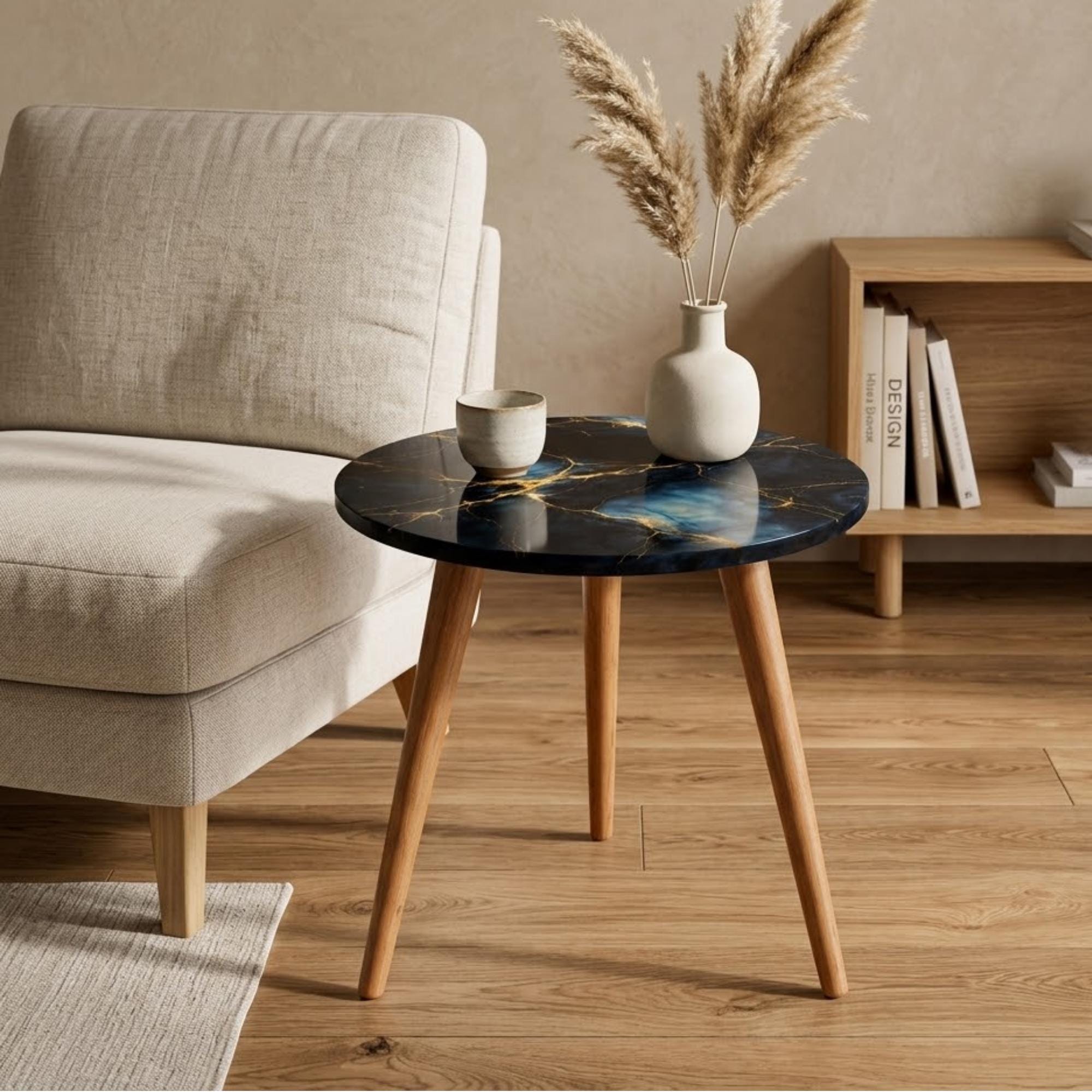 Printed Round Side Table | Glossy Black Marble Look Accent Table with Solid Mango Wood Legs, Handmade India for Living Room Decor & Gifting!