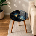 Printed Round Side Table | Glossy Black Marble Look Accent Table with Solid Mango Wood Legs, Handmade India for Living Room Decor & Gifting!